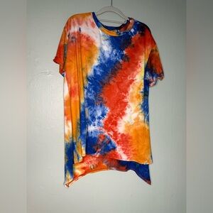 White Birch shark bite super soft t-shirt tie dye red blue and orange